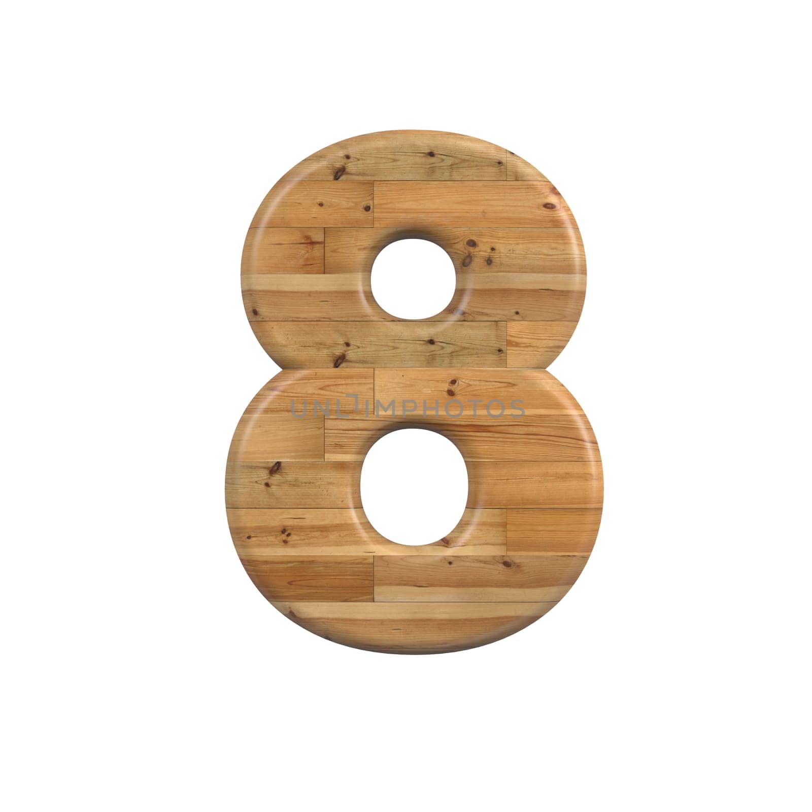 Wood number 8 - 3d pine digit isolated on white background. This alphabet is perfect for creative illustrations related but not limited to Decoration, nature, wood...