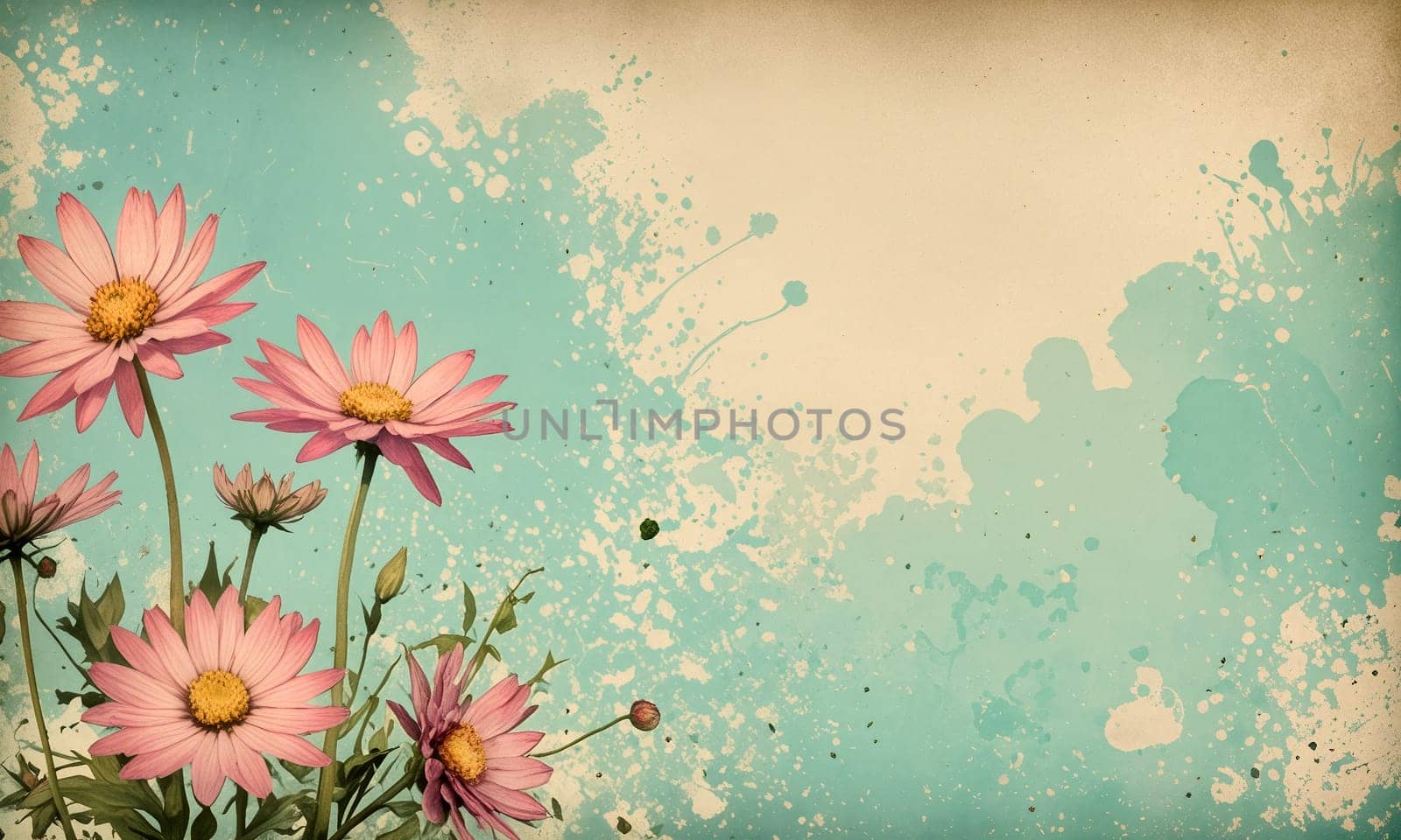 Vintage illustration of a delicate pink flowers stand tall, showcasing their vibrant petals against a soft blue backdrop with artistic splashes of beige - Generative AI