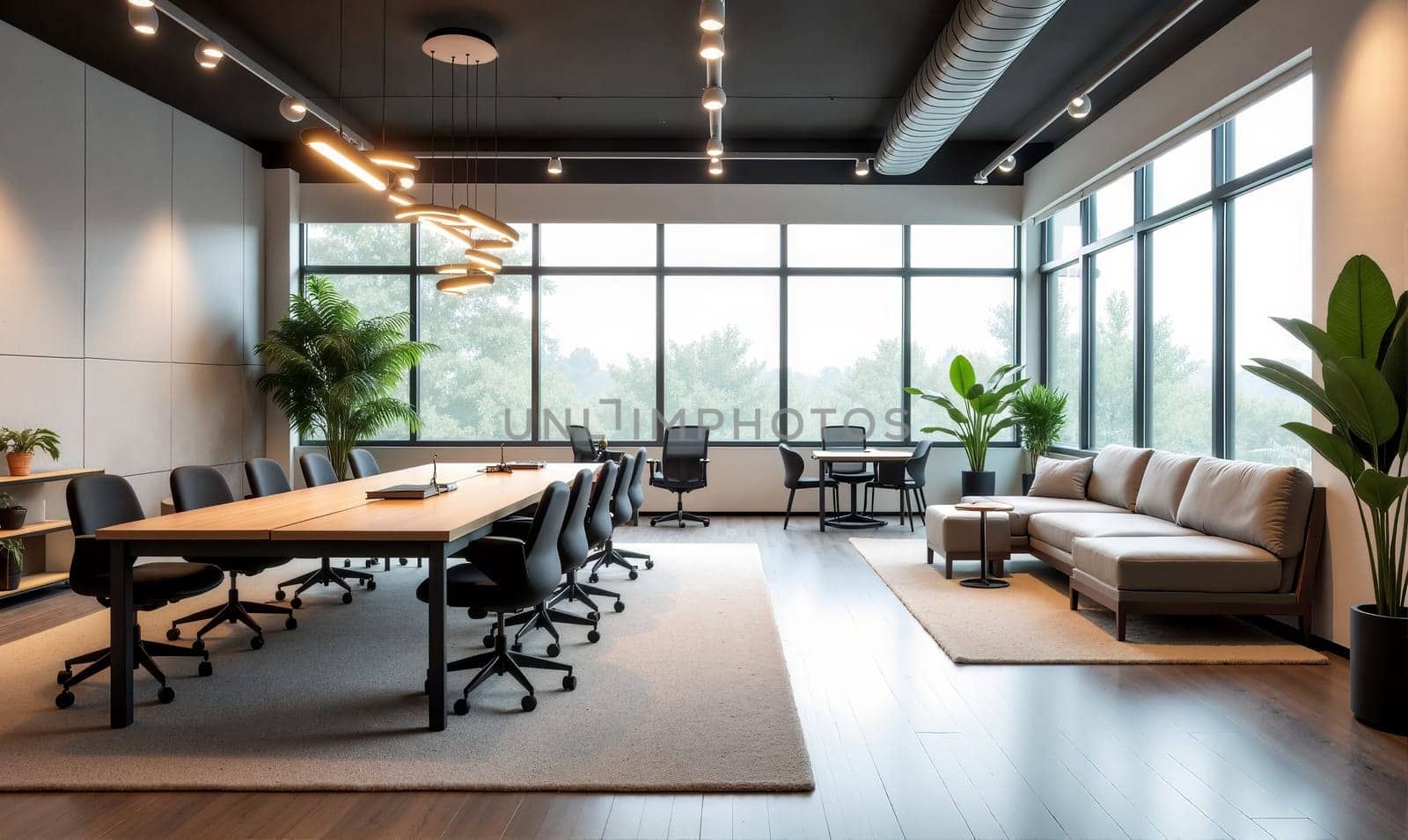 Spacious office features a long meeting table, sleek chairs, lush plants, and natural light flowing through large windows, fostering a productive environment - Generative AI