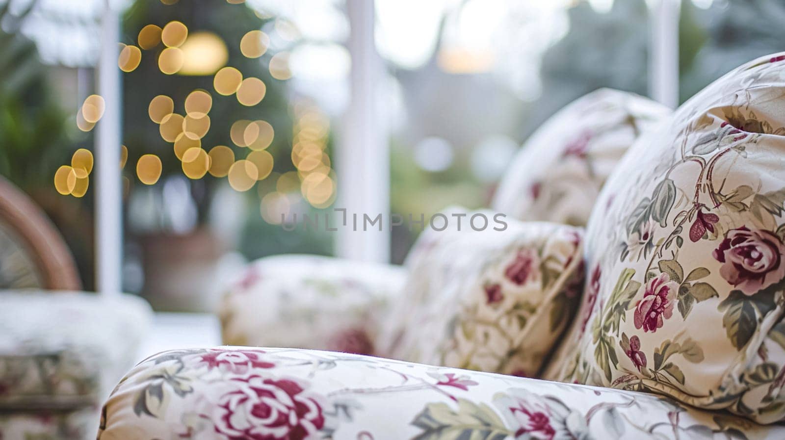 Colorful pillows on sofa against glass wall of window in a winter garden or conservatory. Interior textile concept. High quality photo