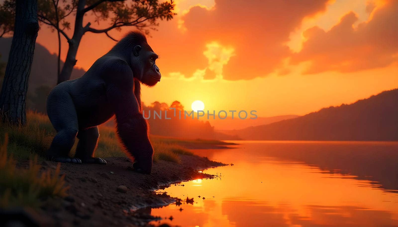 Majestic Gorilla Reflected in Tranquil Lake During Serene Sunset. A stunning silhouette of a gorilla near reflective lake waters, enjoying the warm hues of a breathtaking sunset amidst a serene natural forest landscape.