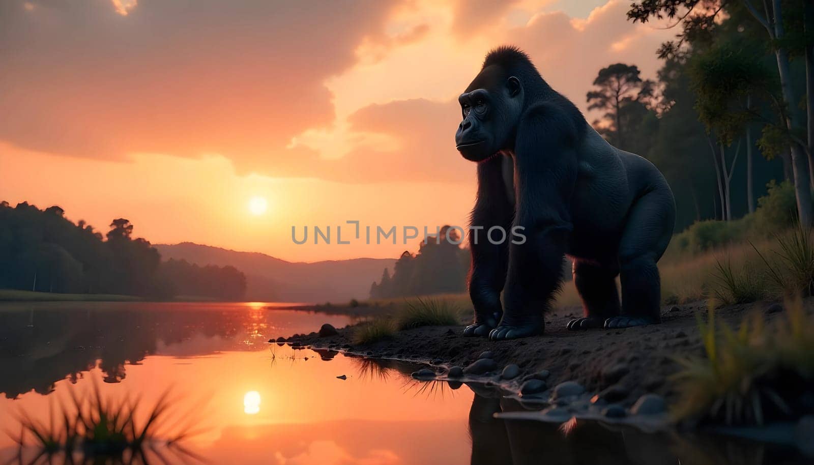 Majestic Gorilla Reflected in Tranquil Lake During Serene Sunset. A stunning silhouette of a gorilla near reflective lake waters, enjoying the warm hues of a breathtaking sunset amidst a serene natural forest landscape.