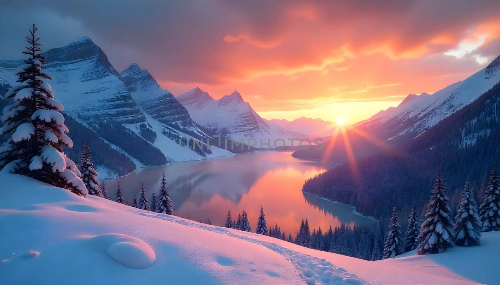 Stunning Winter Sunset Over a Scenic Snow-Covered Mountain Lake Landscape. Serene winter landscape featuring a tranquil lake surrounded by snow-covered mountains during sunset with vivid sky colors reflecting on the water. Ideal for themes of beauty, nature, and winter scenes.