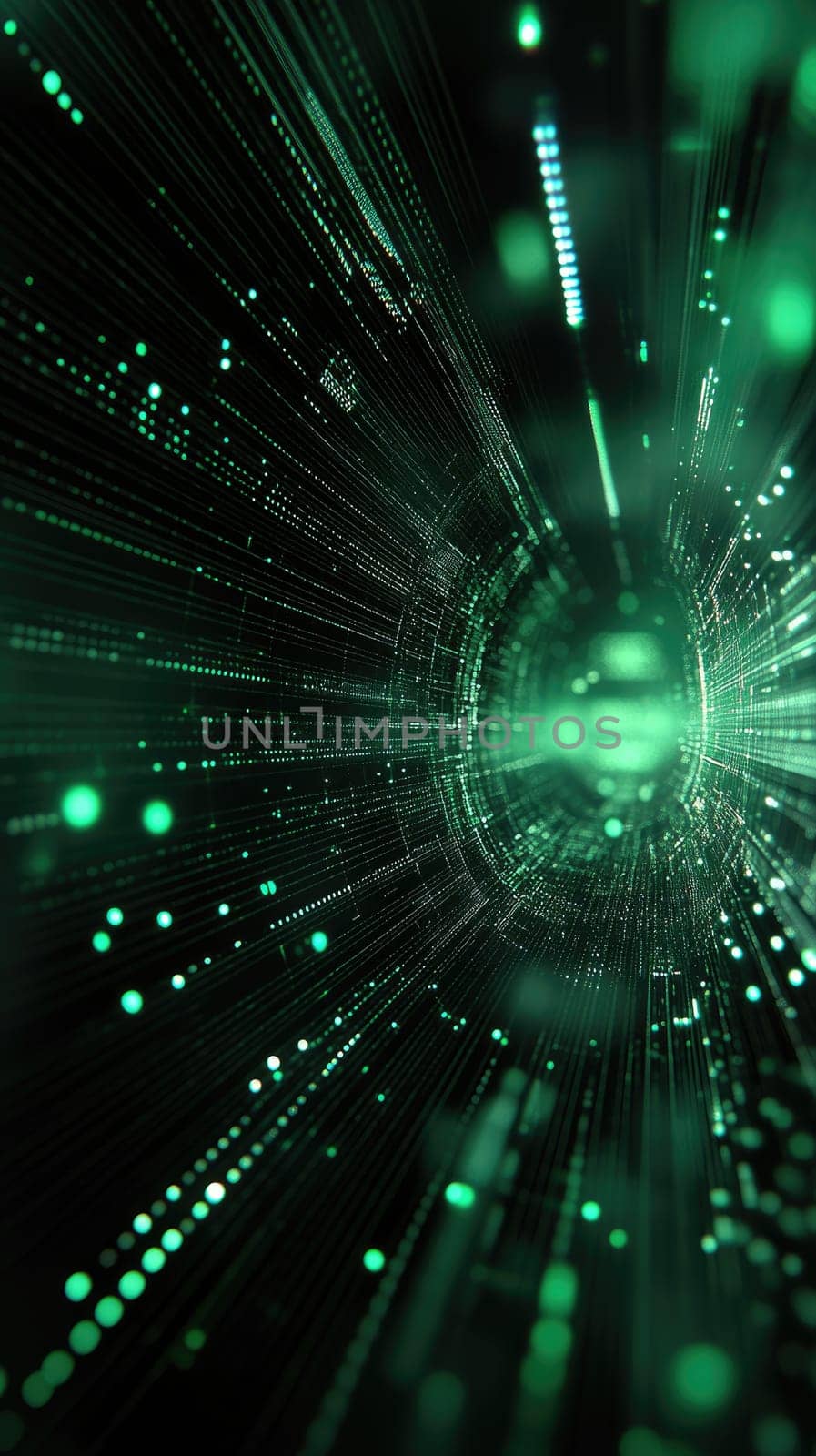 A futuristic tunnel filled with luminous green particles creates the illusion of rapid movement through digital data. The visual emphasizes speed and technology in a mesmerizing way.