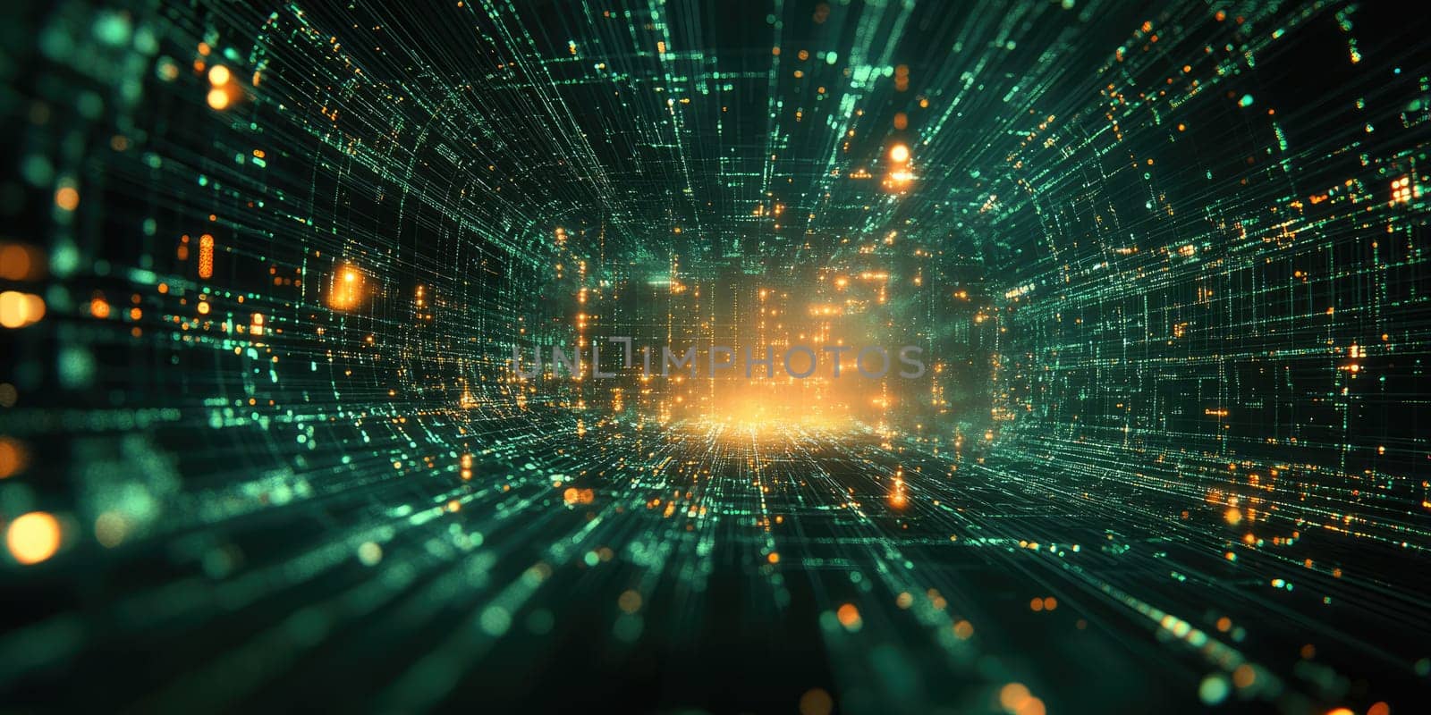 A vibrant digital tunnel showcases particles and lights in motion, creating a mesmerizing effect. The scene evokes a sense of depth and technological advancement.