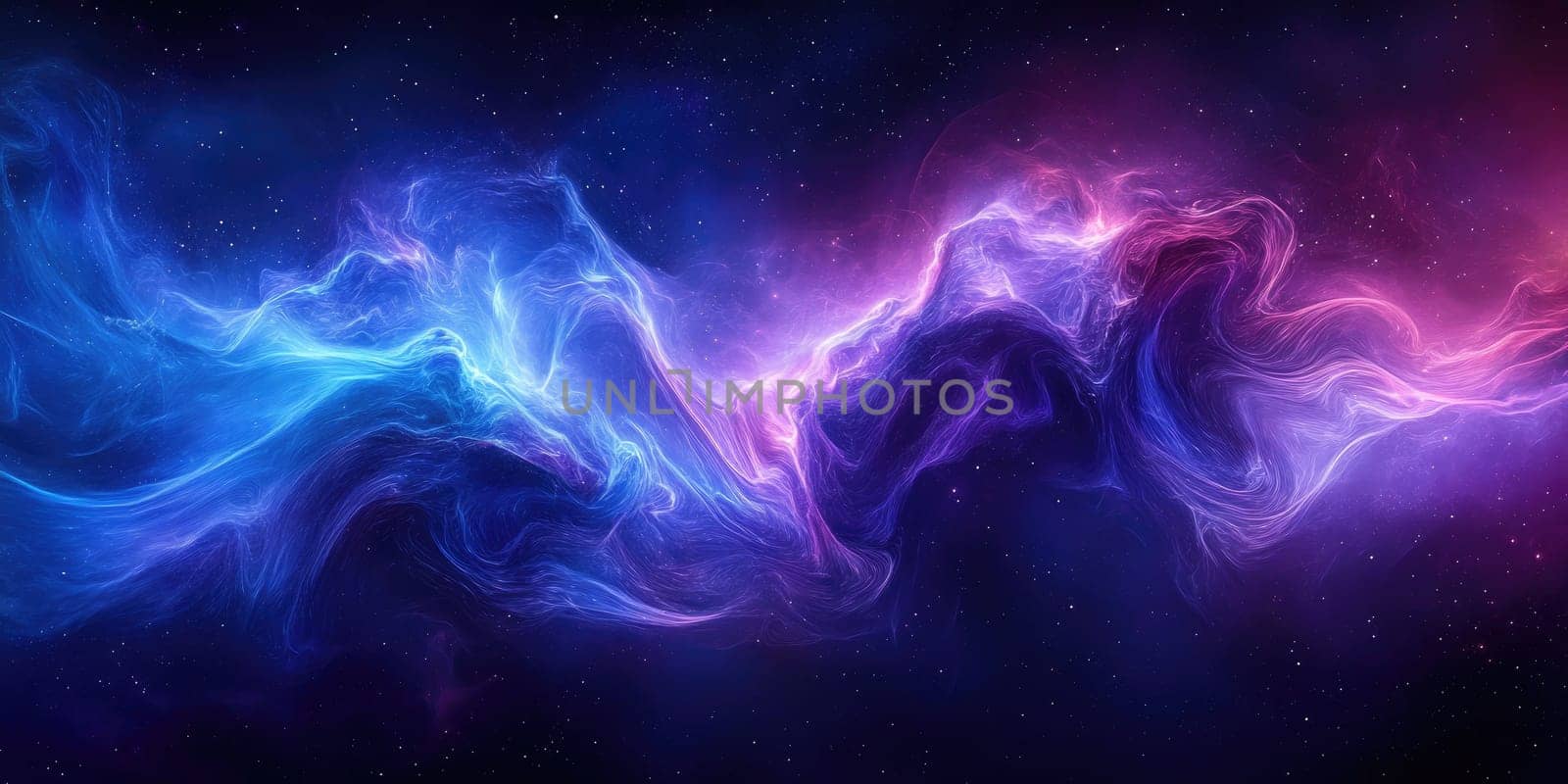 Vivid wisps of blue and pink swirling through a dark cosmic expanse showcase the beauty of a nebulous formation in deep space. Stars twinkle in the background.