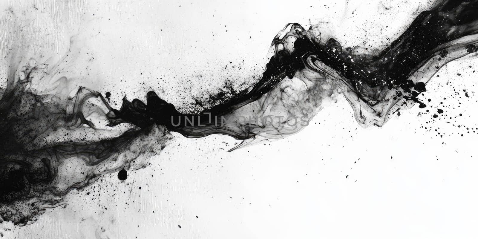 Swirling black ink blends into a stark white background, creating fluid patterns that evoke emotion and depth. The artwork captures the essence of creativity and expression.
