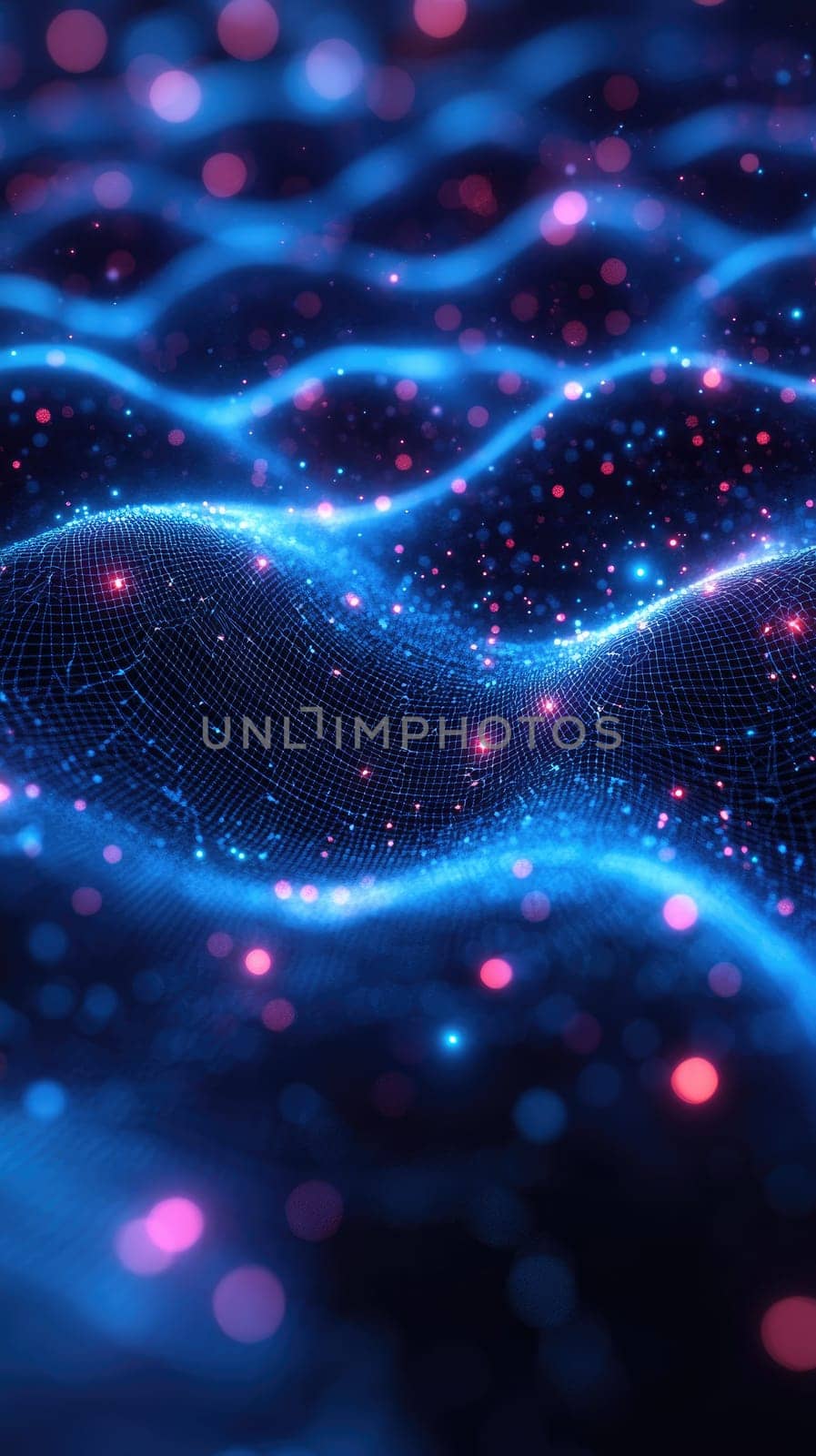 Vibrant waves of color and light ripple through a dark background, resembling a digital landscape filled with glowing particles. The scene conveys a sense of movement and energy.
