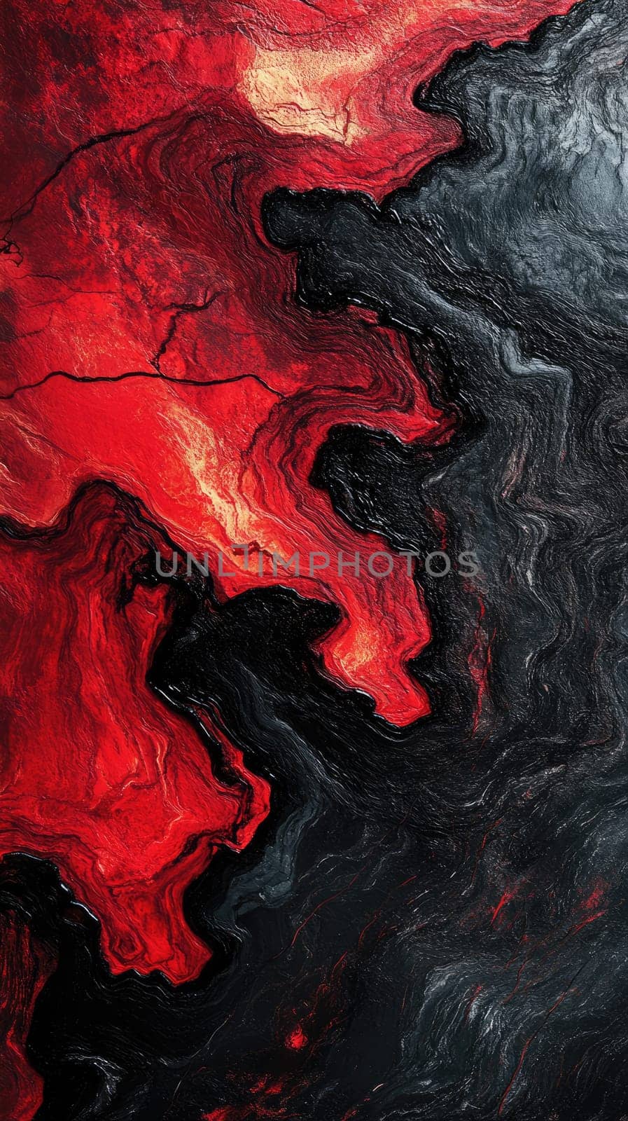 Abstract artwork featuring swirling patterns of red and black paint. The vibrant colors blend together, creating an engaging visual experience with dynamic textures.