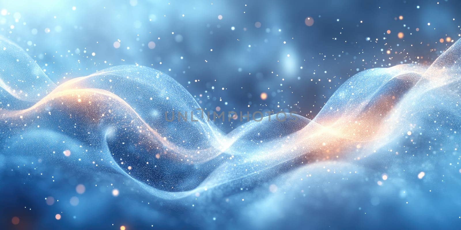 Delicate waves of blue light dance fluidly across the space, interspersed with sparkling particles that create a stunning visual effect. The atmosphere is enchanting and serene.