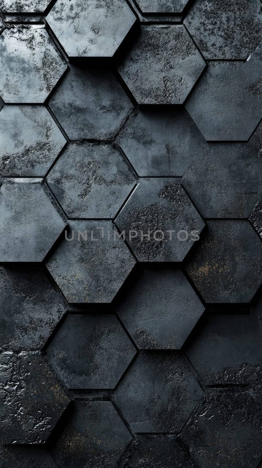 Dark hexagonal tiles with varied textures cover the wall, showcasing an industrial design. The unique shapes create depth and visual interest in an urban setting.