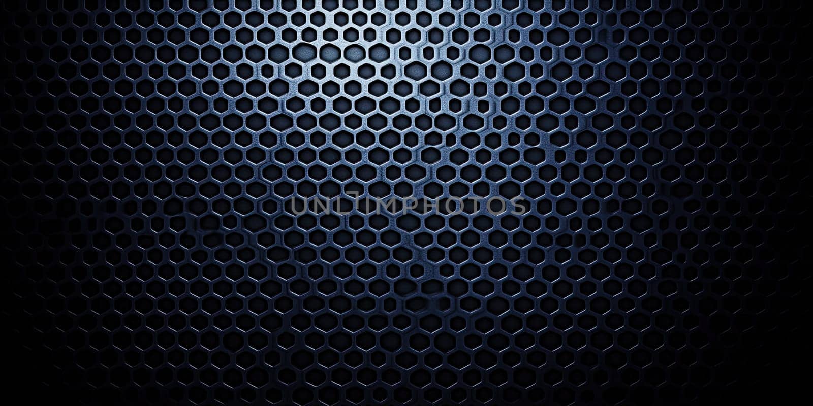 Dark hexagonal mesh forms an intricate pattern over a textured surface, presenting a modern and industrial look. The play of light highlights its geometric structure.