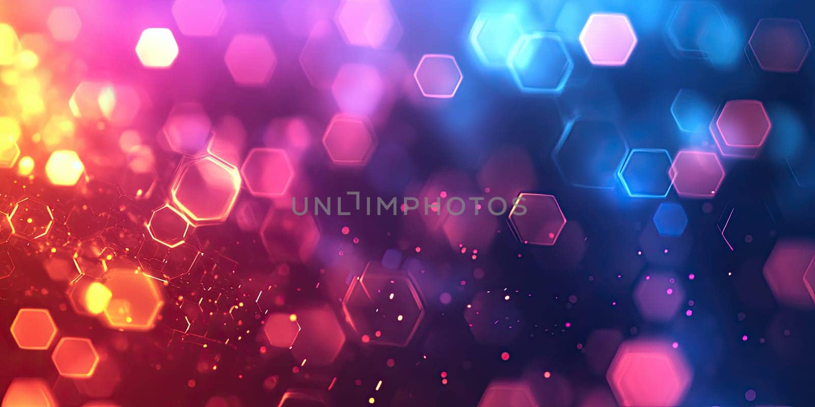 A beautiful display of colorful bokeh lights lights up the night, creating a festive and enchanting atmosphere with hexagonal shapes and vibrant tones.