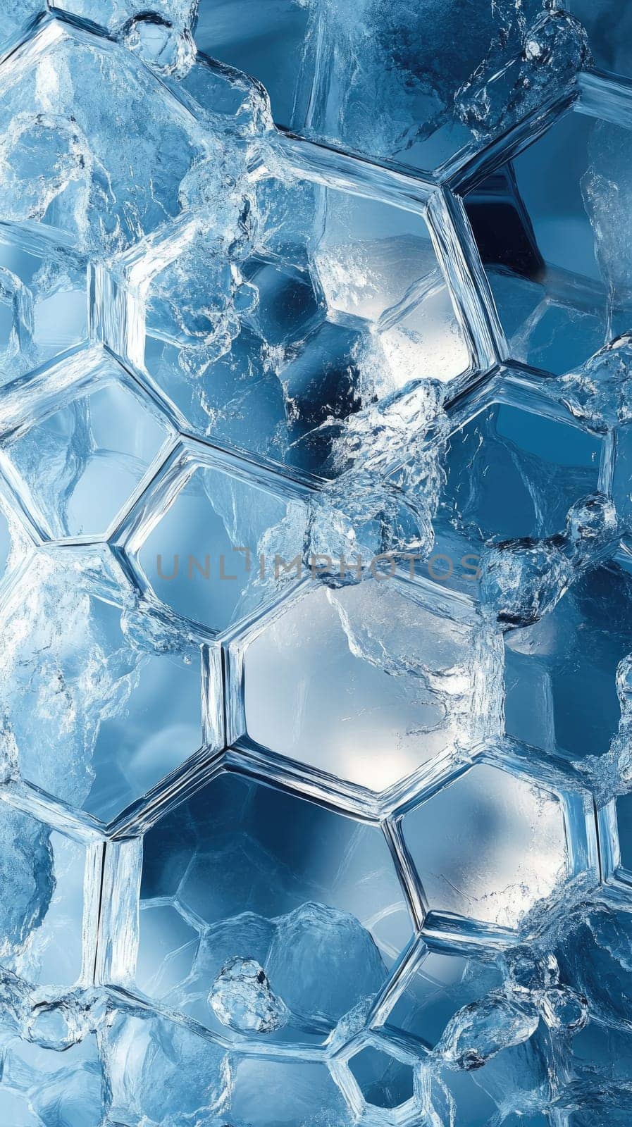 Close-up of intricate hexagonal ice crystals with shimmering reflections and delicate water droplets, showcasing stunning texture and depth that highlights natural beauty.