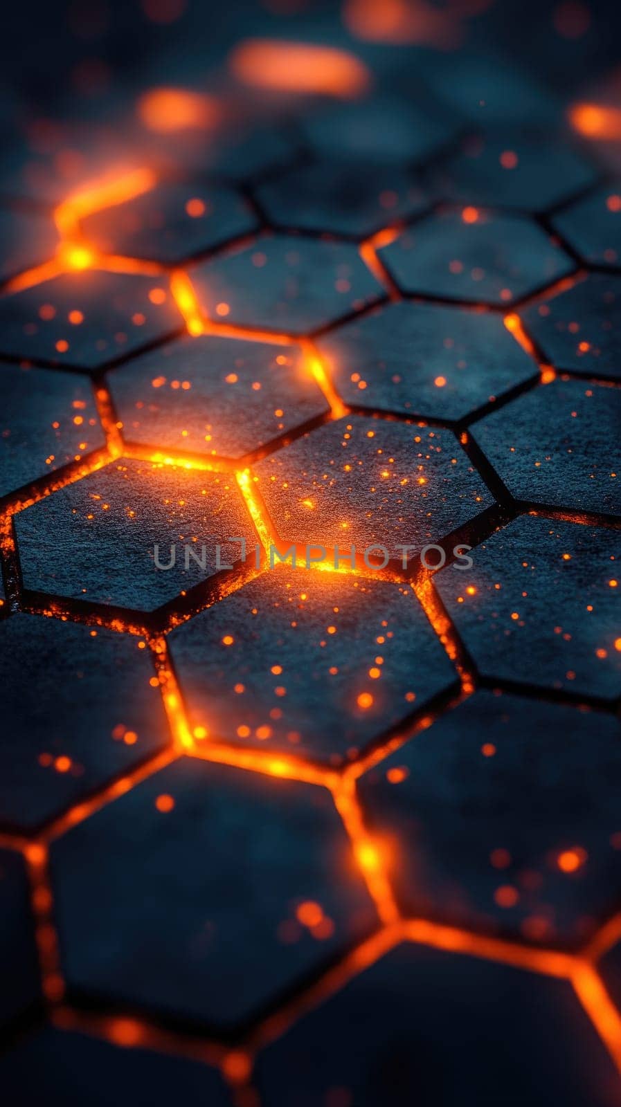 Glowing lava flows through cracks in a hexagonal stone surface, illuminating the dark space with bright orange light. The contrast creates a striking visual effect.