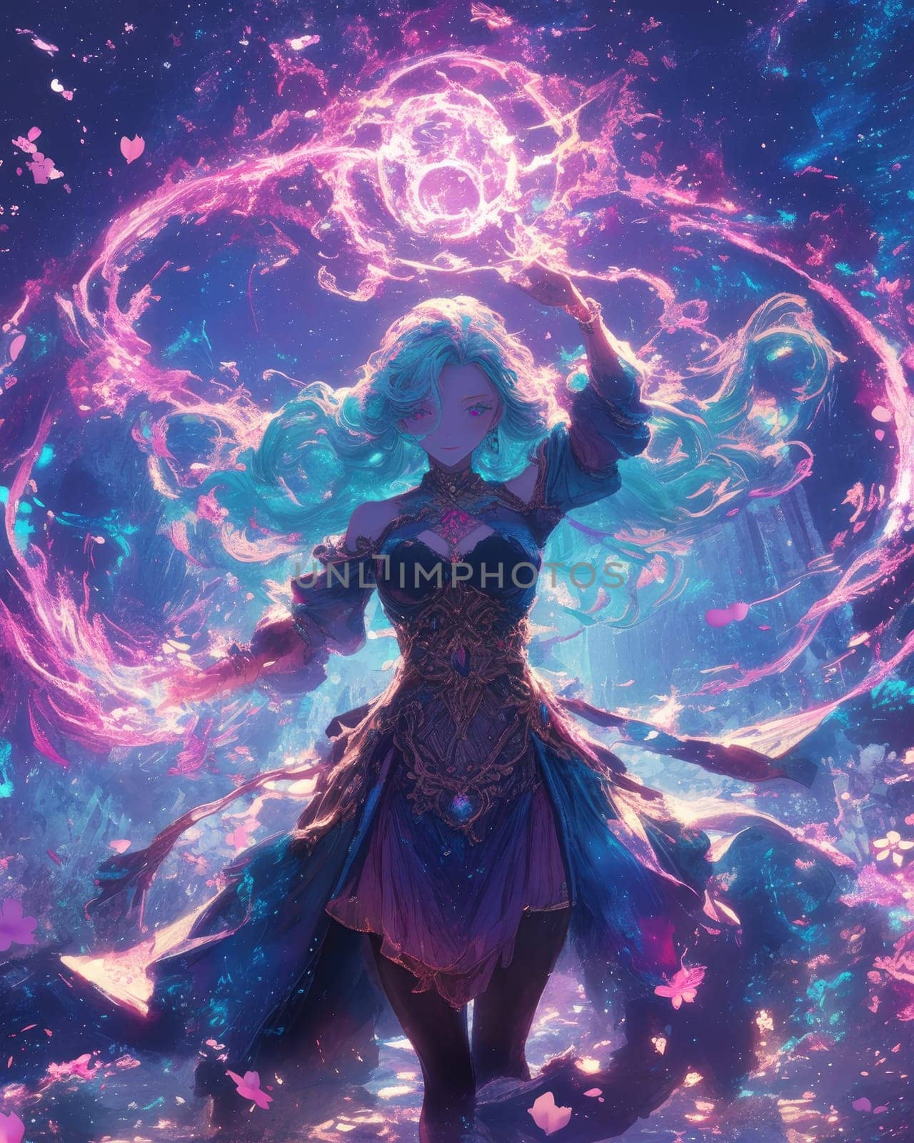 A sorceress with flowing teal hair casts a spell, surrounded by colorful lights and swirling energy. Delicate petals drift in the twilight air as she channels her power.