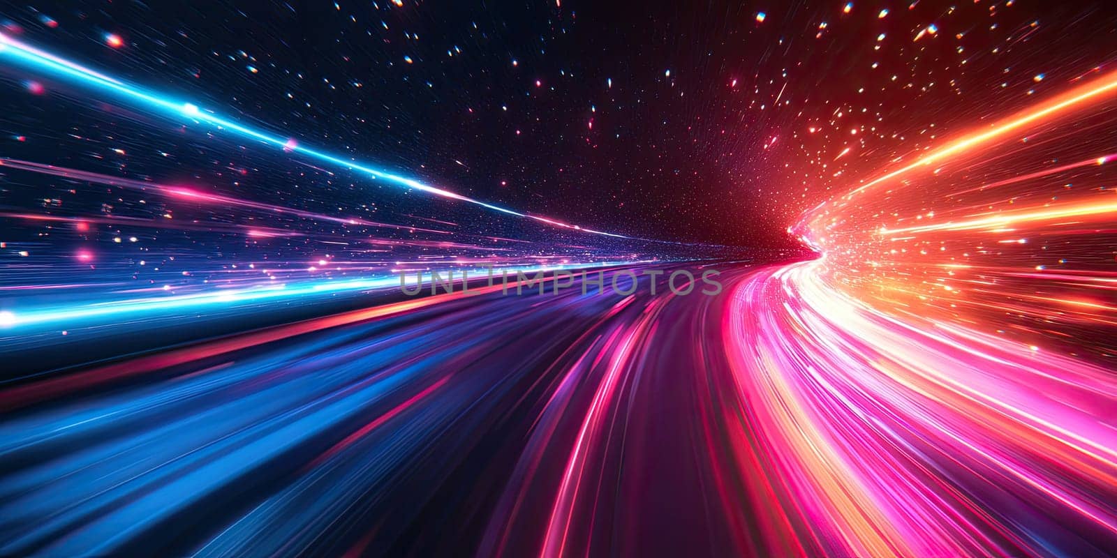 Colorful light trails swirl through a dark digital landscape, evoking a sense of speed and movement. Stars twinkle in the background, enhancing the cosmic feel.