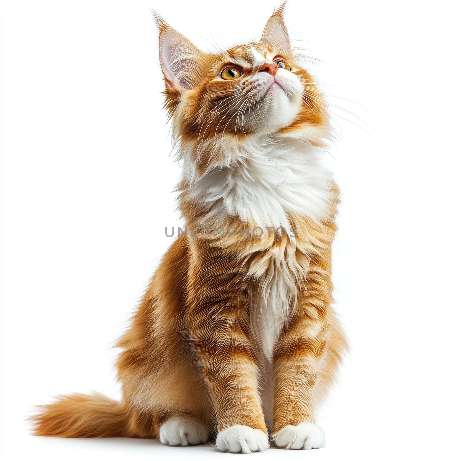 A ginger maine coon cat with striking fur and large ears sits elegantly, gazing upwards with curiosity. Its plush tail and white chest add to its charm in a well-lit space.
