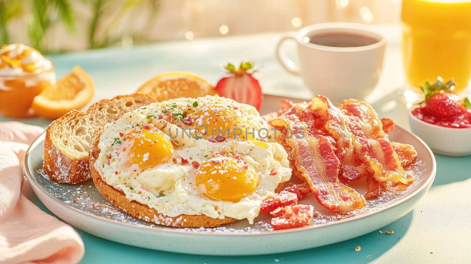 A sumptuous breakfast is presented with golden fried eggs, crispy bacon, fresh berries, and slices of toast on a sunlit table. The atmosphere feels warm and inviting, perfect for a leisurely morning.