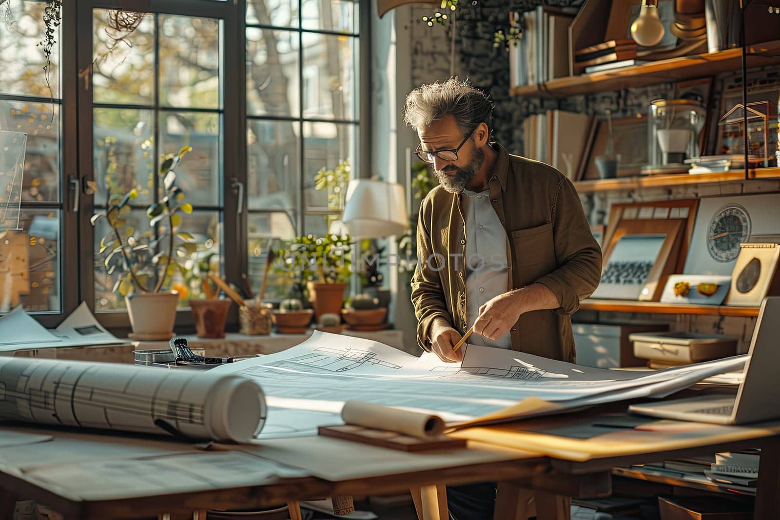 An experienced architect organizes and studies intricate blueprints in a bright studio adorned with greenery and artistic supplies. Sunlight streams through large windows, enhancing creativity.