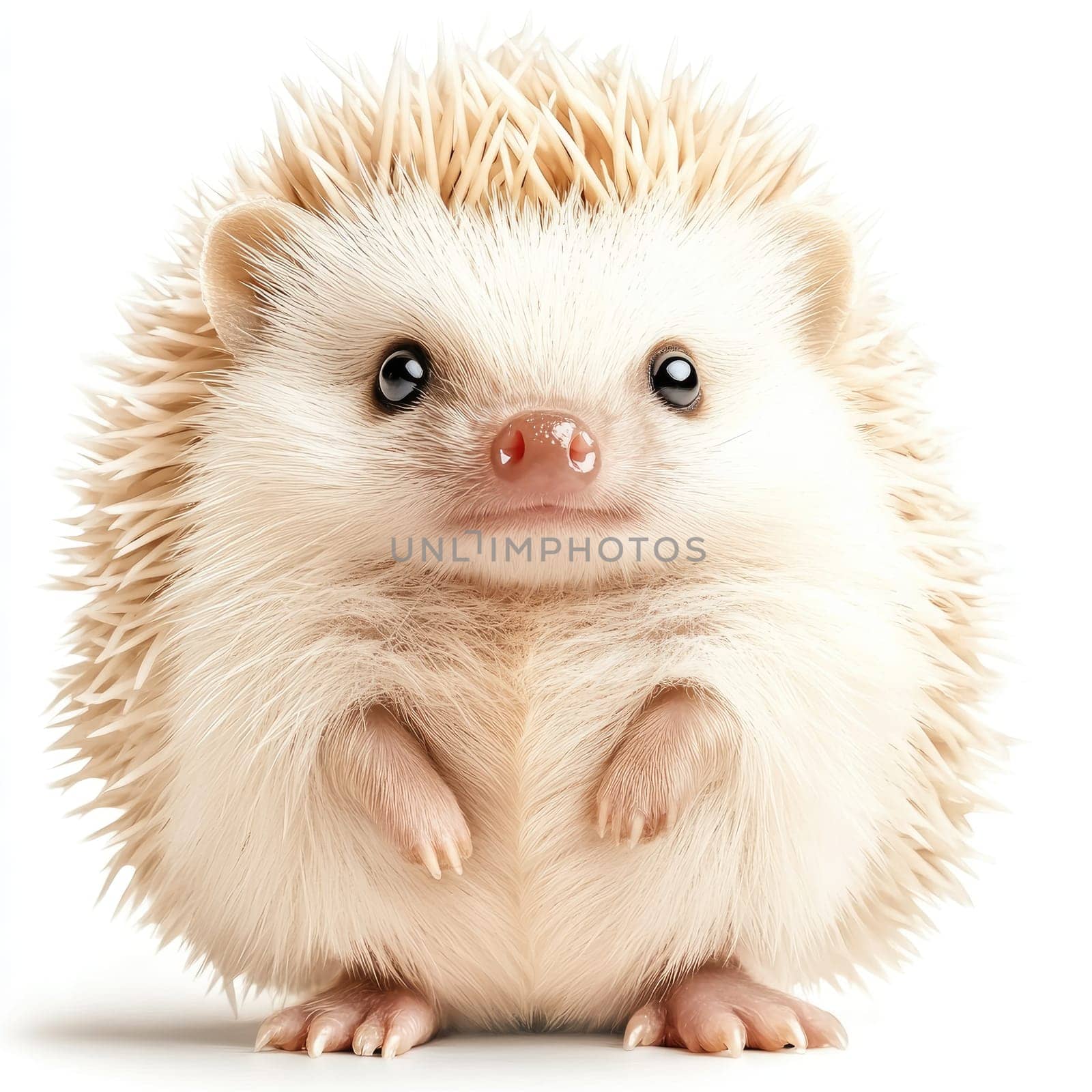 A small hedgehog with light-colored quills is sitting upright, displaying its adorable features. Its curious eyes and tiny paws are prominent, creating a charming and playful appearance.