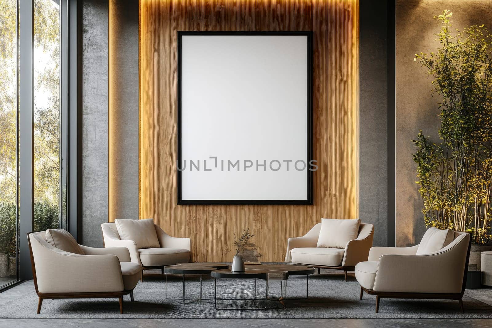 Stylish living room features comfortable beige chairs arranged around a black coffee table. A large blank frame on the wall enhances the minimalistic aesthetic.