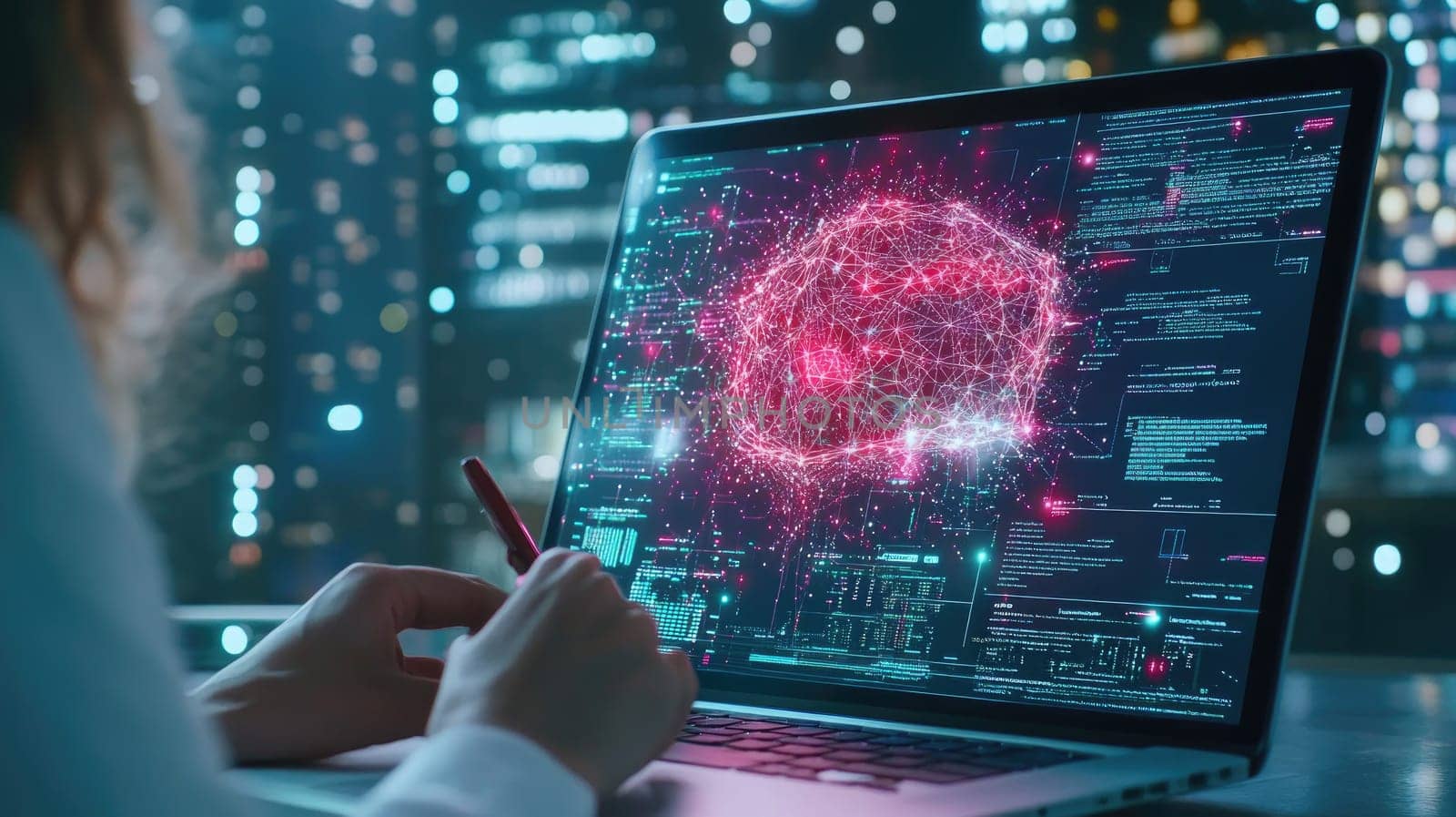 A person is engaged in analyzing data on a laptop, illuminated by colorful visualizations of neural networks. The vibrant city skyline is visible in the background at night.