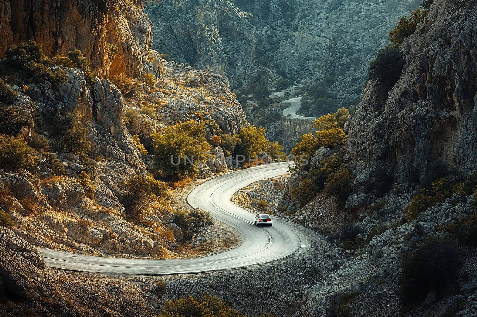 Mountain landscape with a car moving along a serpentine road.