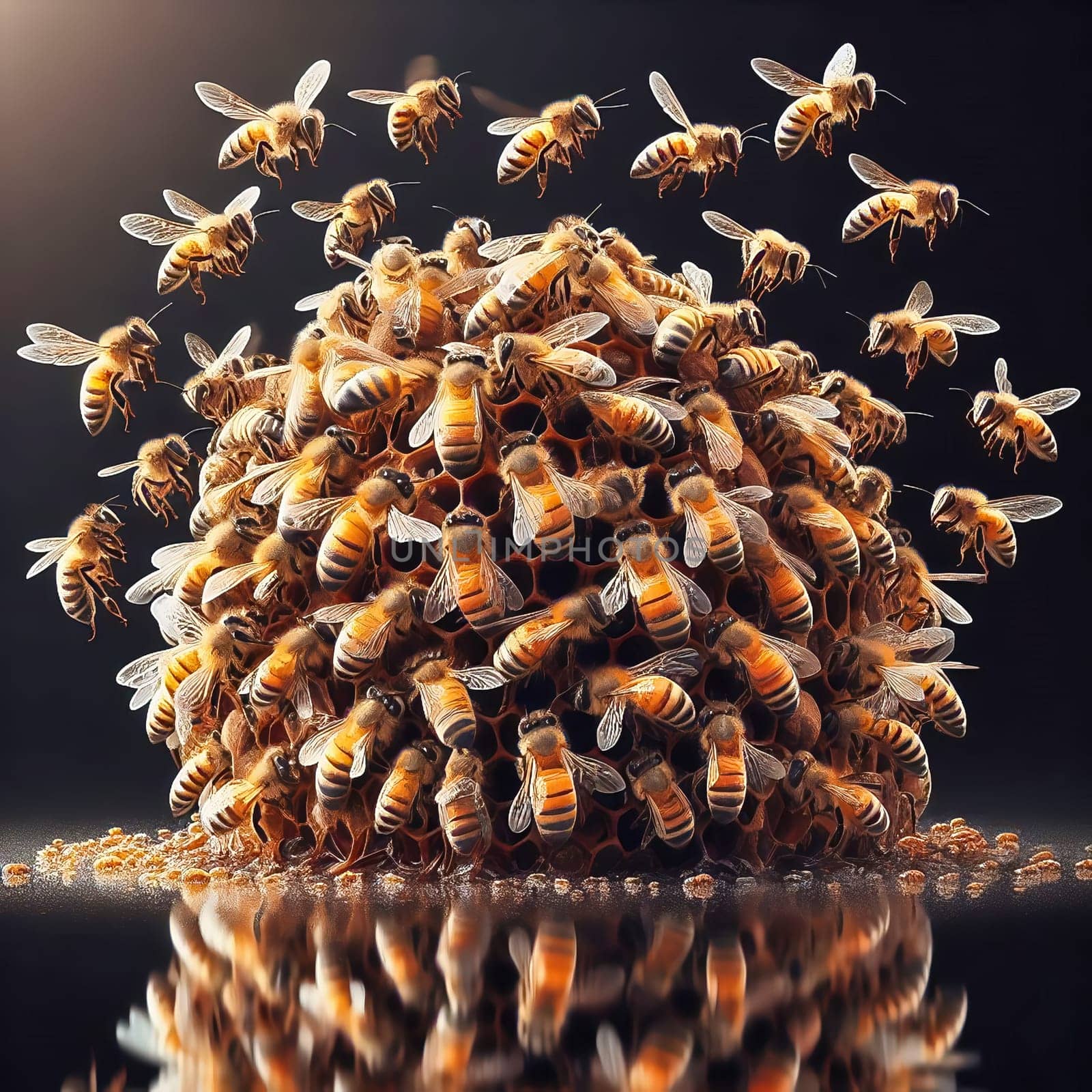 A hyper-realistic swarm of bees in impressive detail, isolated against a bright background. Dynamics, nature, pollination and the insect world perfectly captured.