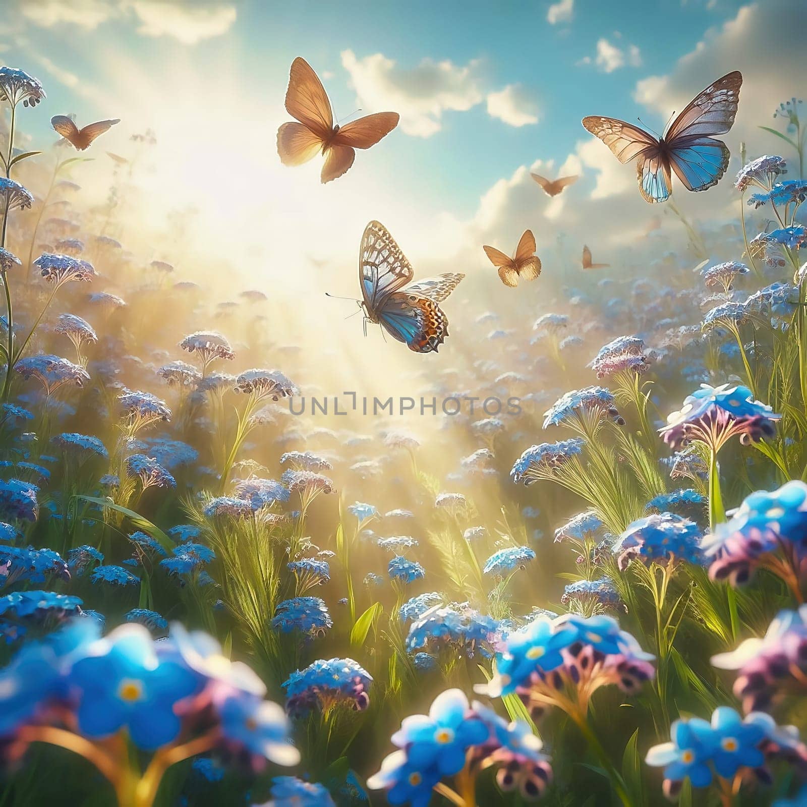 Blooming meadow with blue forget-me-not flowers and two butterflies in the sunlight. Dreamy spring or summer landscape in bright colors.