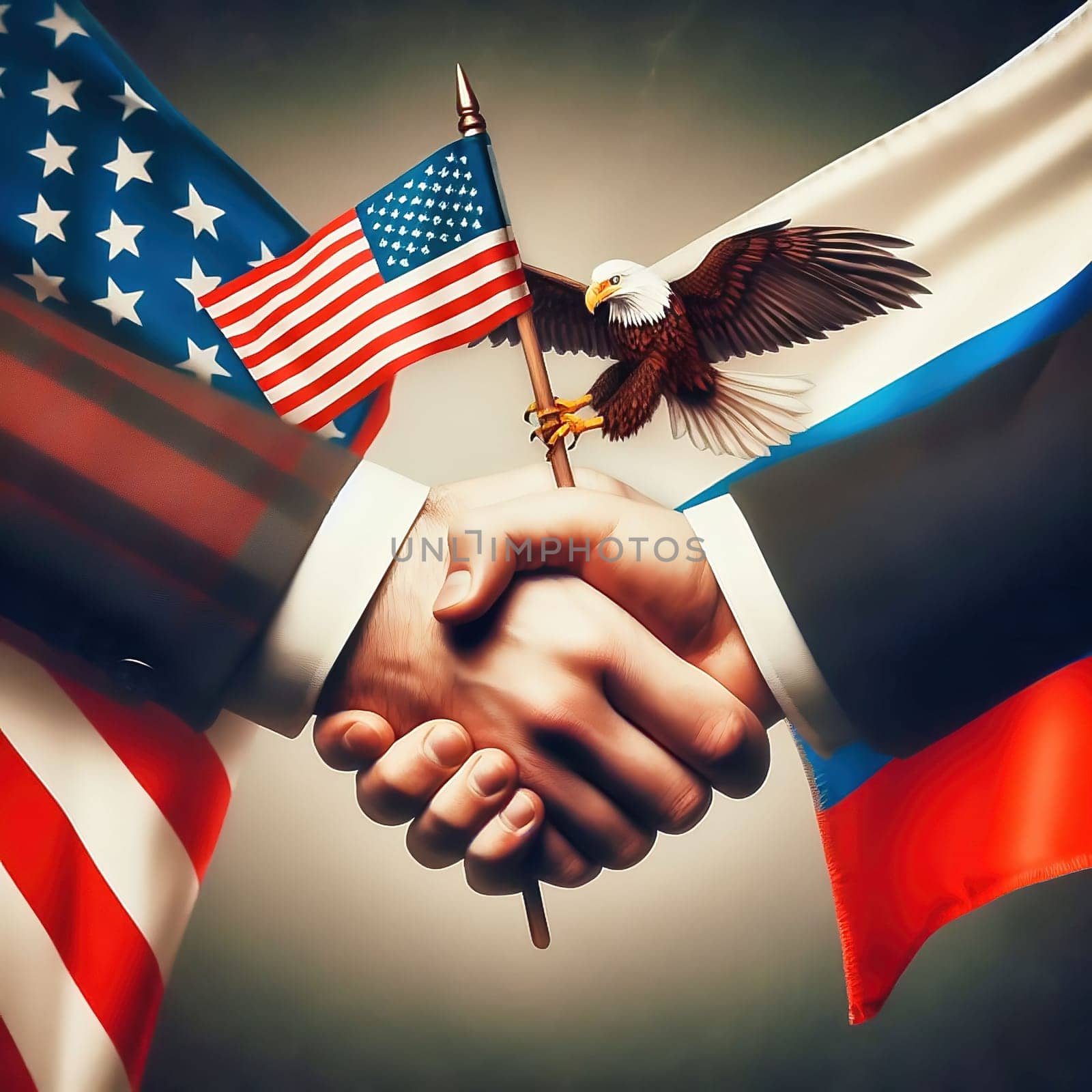 Symbolic handshake between the USA and Russia, with flags on their hands. An expression of diplomacy, cooperation or geopolitical tension.