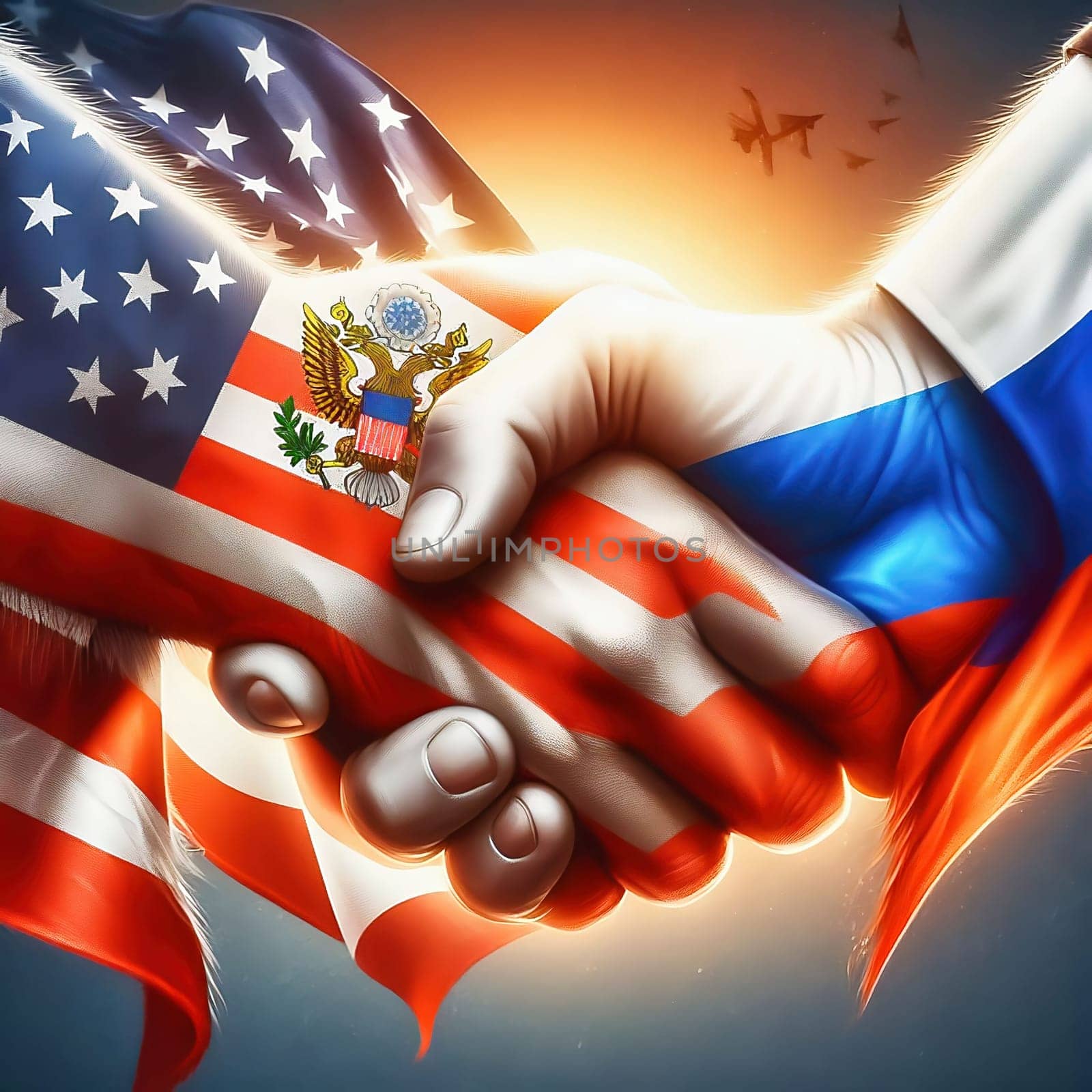 Symbolic handshake between the USA and Russia, with flags on their hands. An expression of diplomacy, cooperation or geopolitical tension.