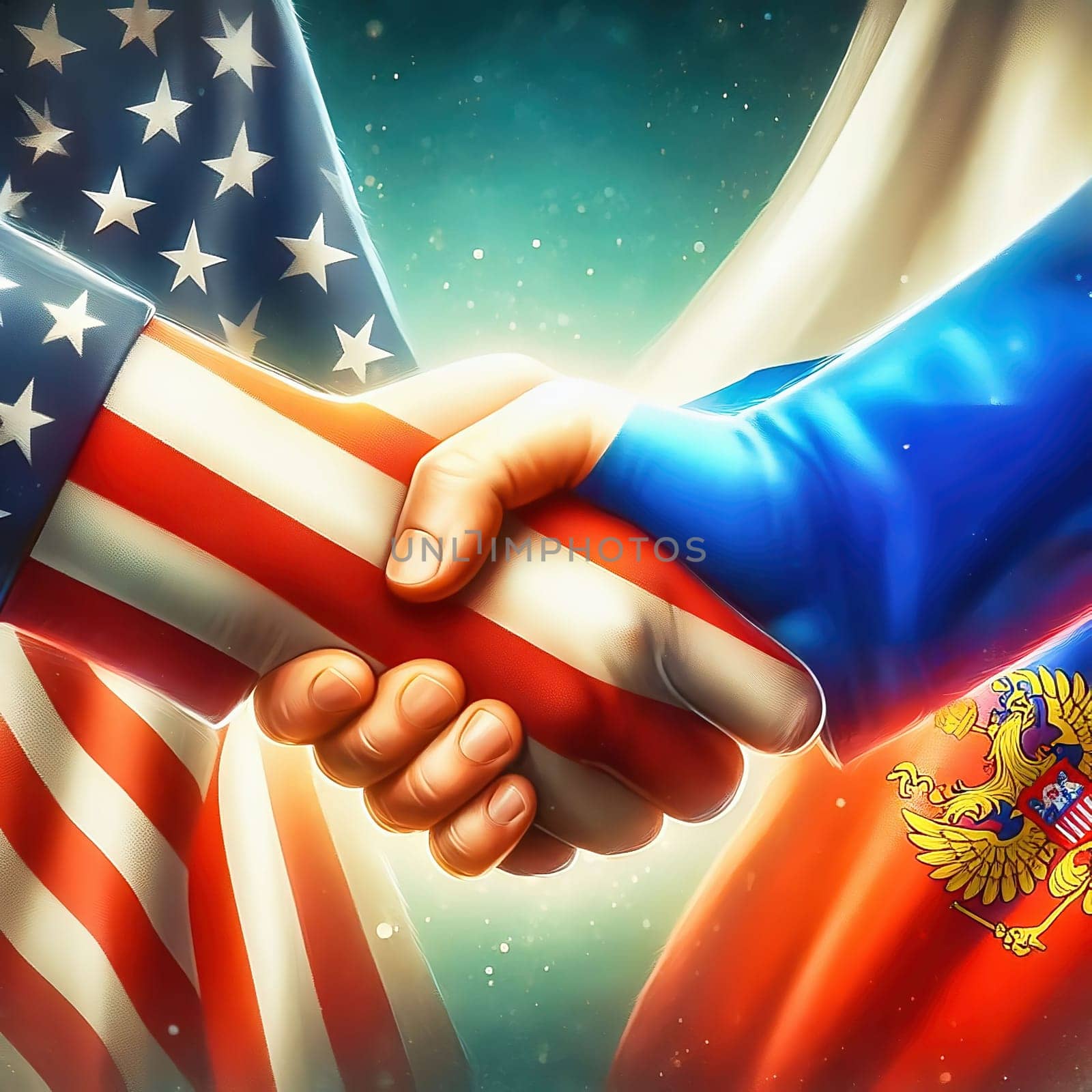 Symbolic handshake between the USA and Russia, with flags on their hands. An expression of diplomacy, cooperation or geopolitical tension.