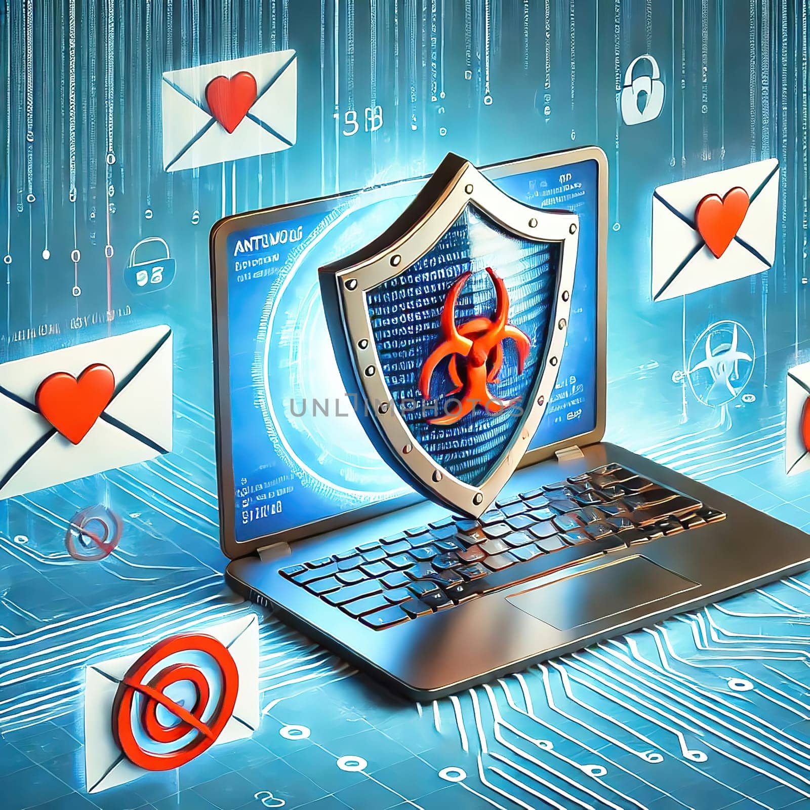 3D representation of a laptop with email security icon surrounded by digital icons. Concept for data protection, spam protection and cyber security.