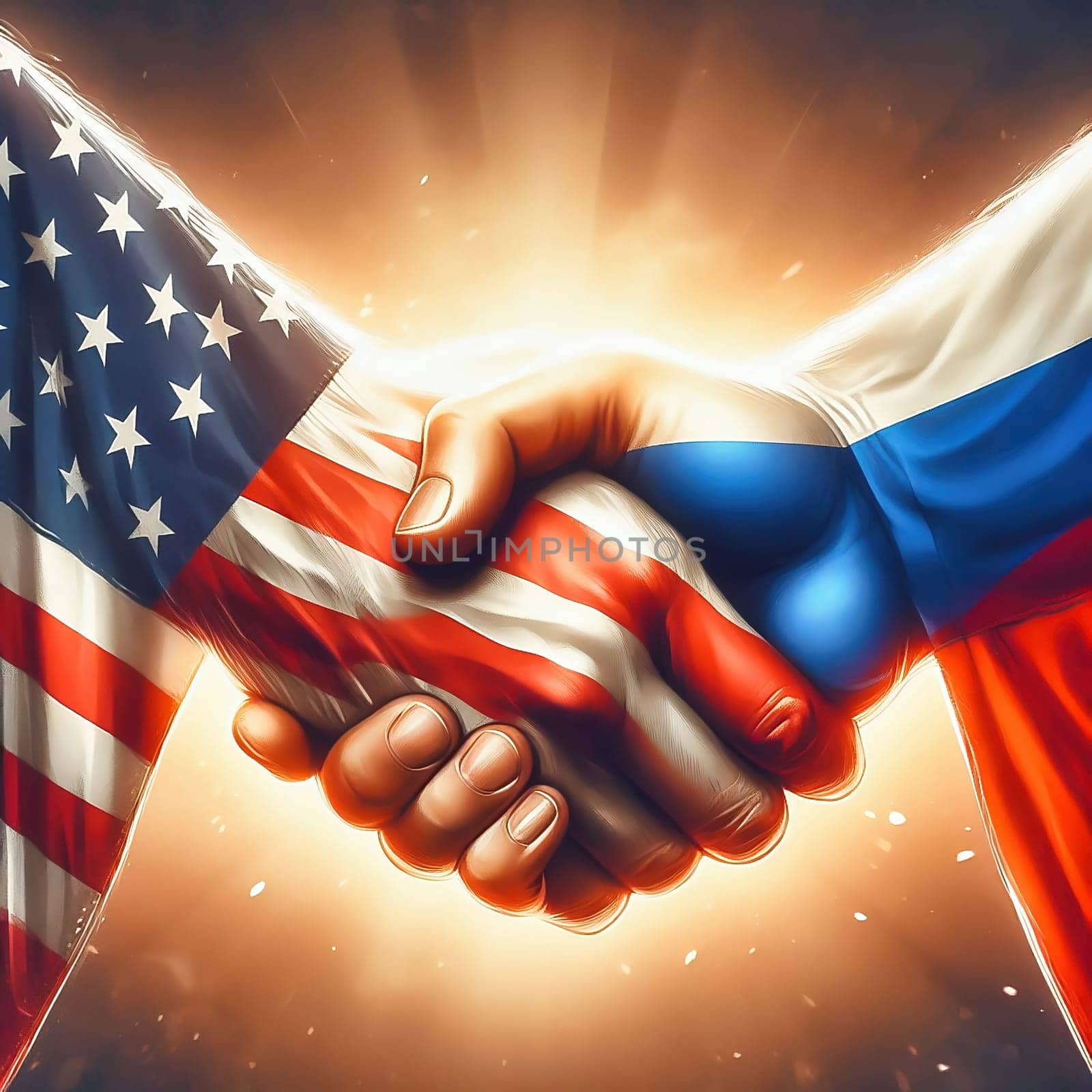Symbolic handshake between the USA and Russia, with flags on their hands. An expression of diplomacy, cooperation or geopolitical tension.
