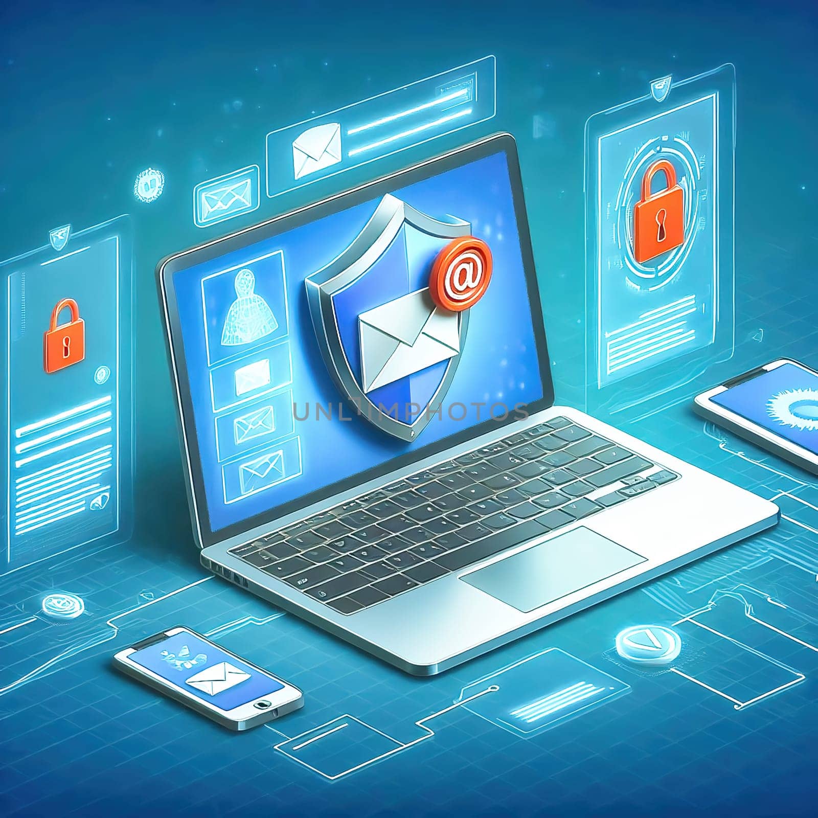 3D representation of a laptop with email security icon surrounded by digital icons. Concept for data protection, spam protection and cyber security.