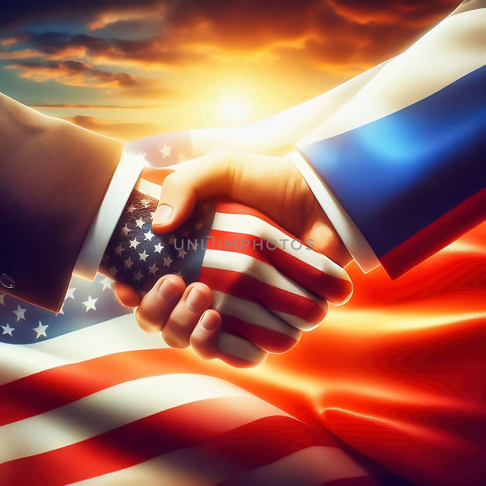 Symbolic handshake between the USA and Russia, with flags on their hands. An expression of diplomacy, cooperation or geopolitical tension.
