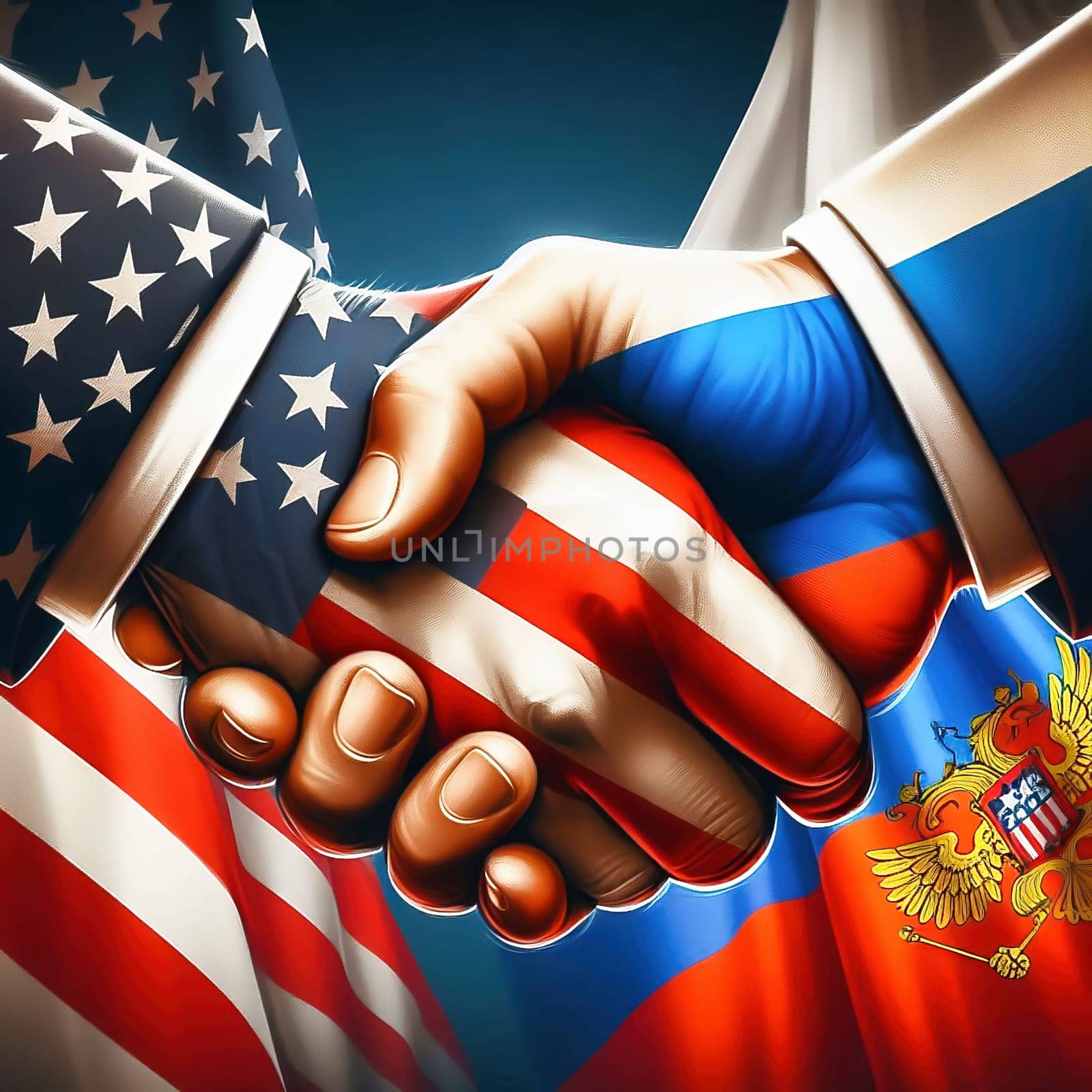 Symbolic handshake between the USA and Russia, with flags on their hands. An expression of diplomacy, cooperation or geopolitical tension.