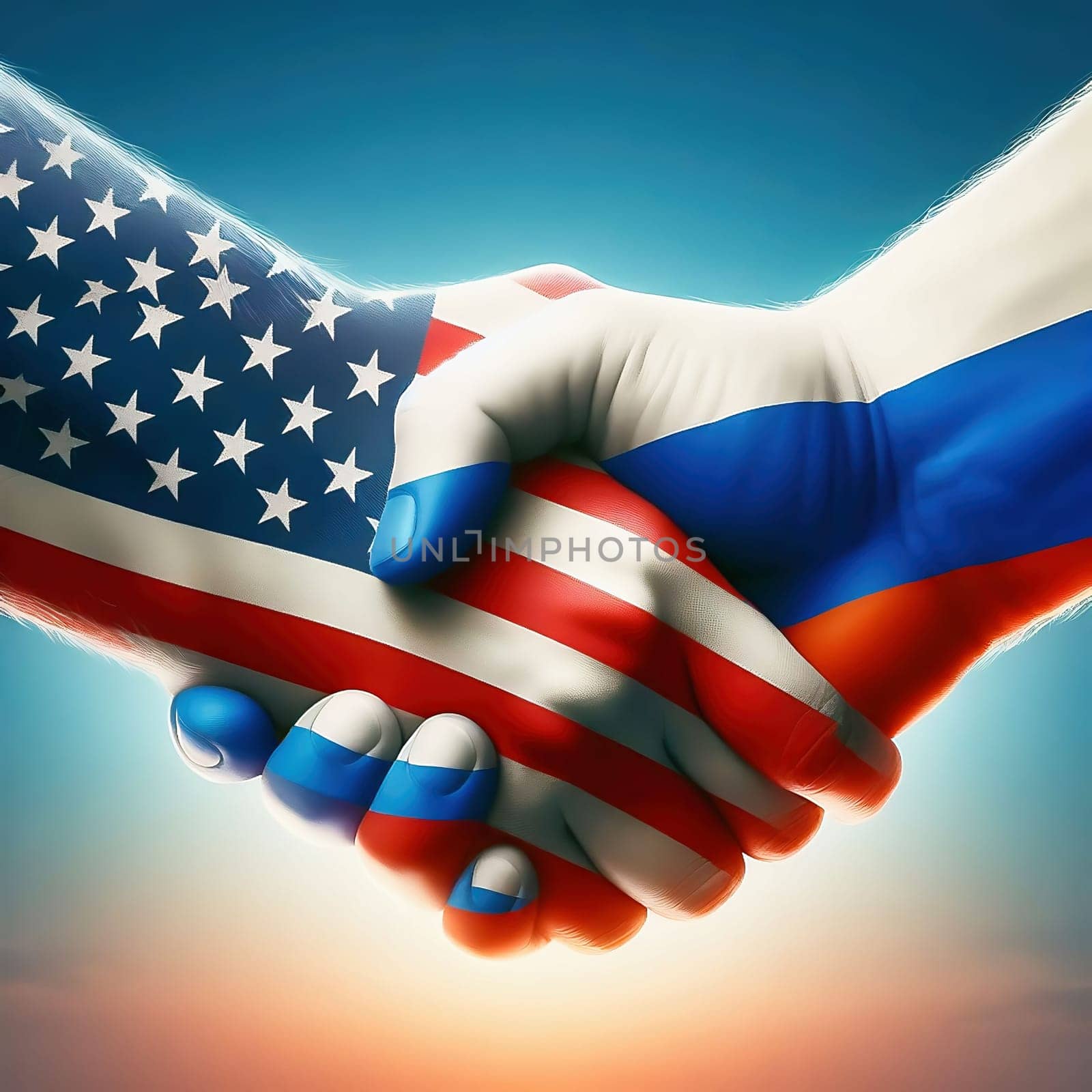 Symbolic handshake between the USA and Russia, with flags on their hands. An expression of diplomacy, cooperation or geopolitical tension.