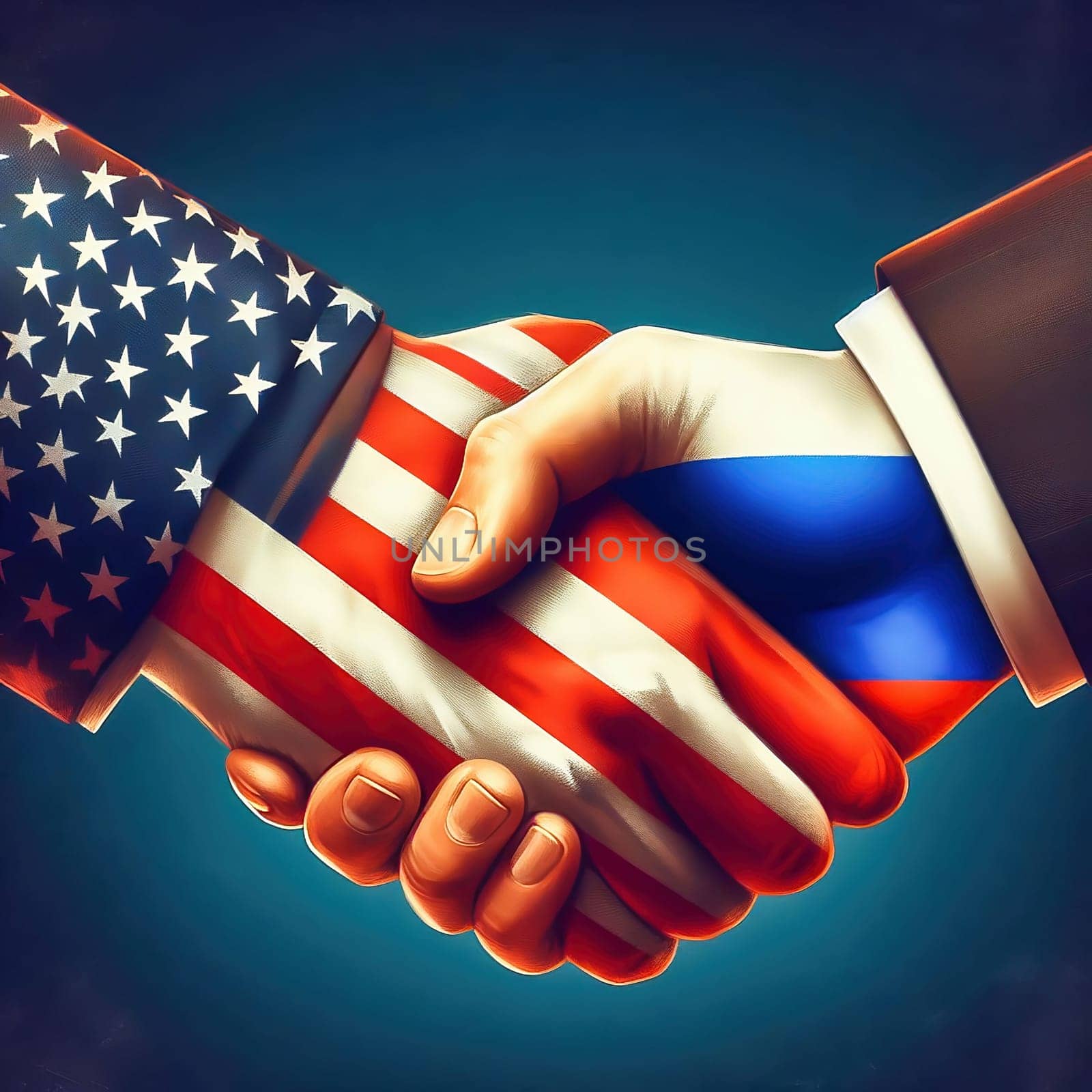 Symbolic handshake between the USA and Russia, with flags on their hands. An expression of diplomacy, cooperation or geopolitical tension.