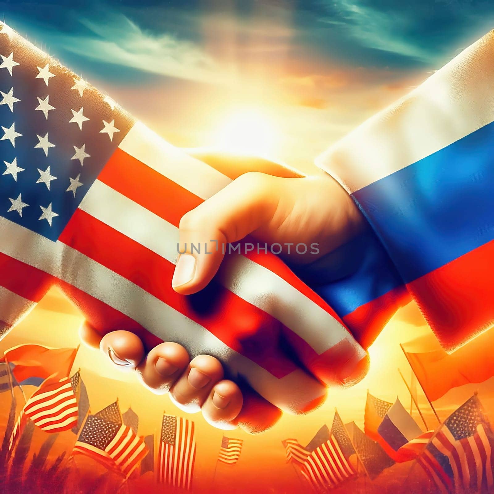 Symbolic handshake between the USA and Russia, with flags on their hands. An expression of diplomacy, cooperation or geopolitical tension.