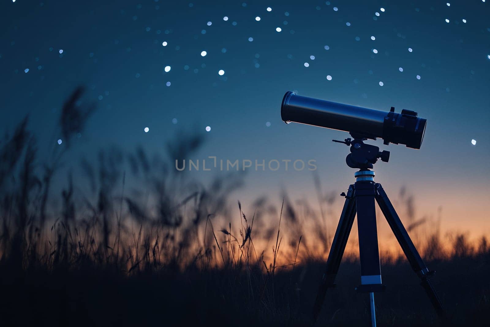 The telescope is set up in a field on a starry night to observe the night sky.