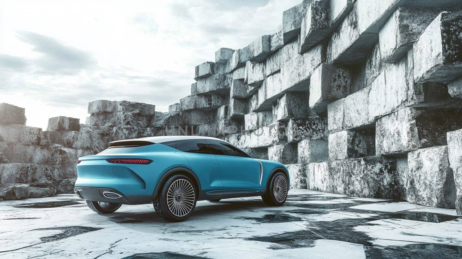 Modern electric suv parked in front of concrete blocks, showcasing its innovative design and luxurious style against an urban backdrop