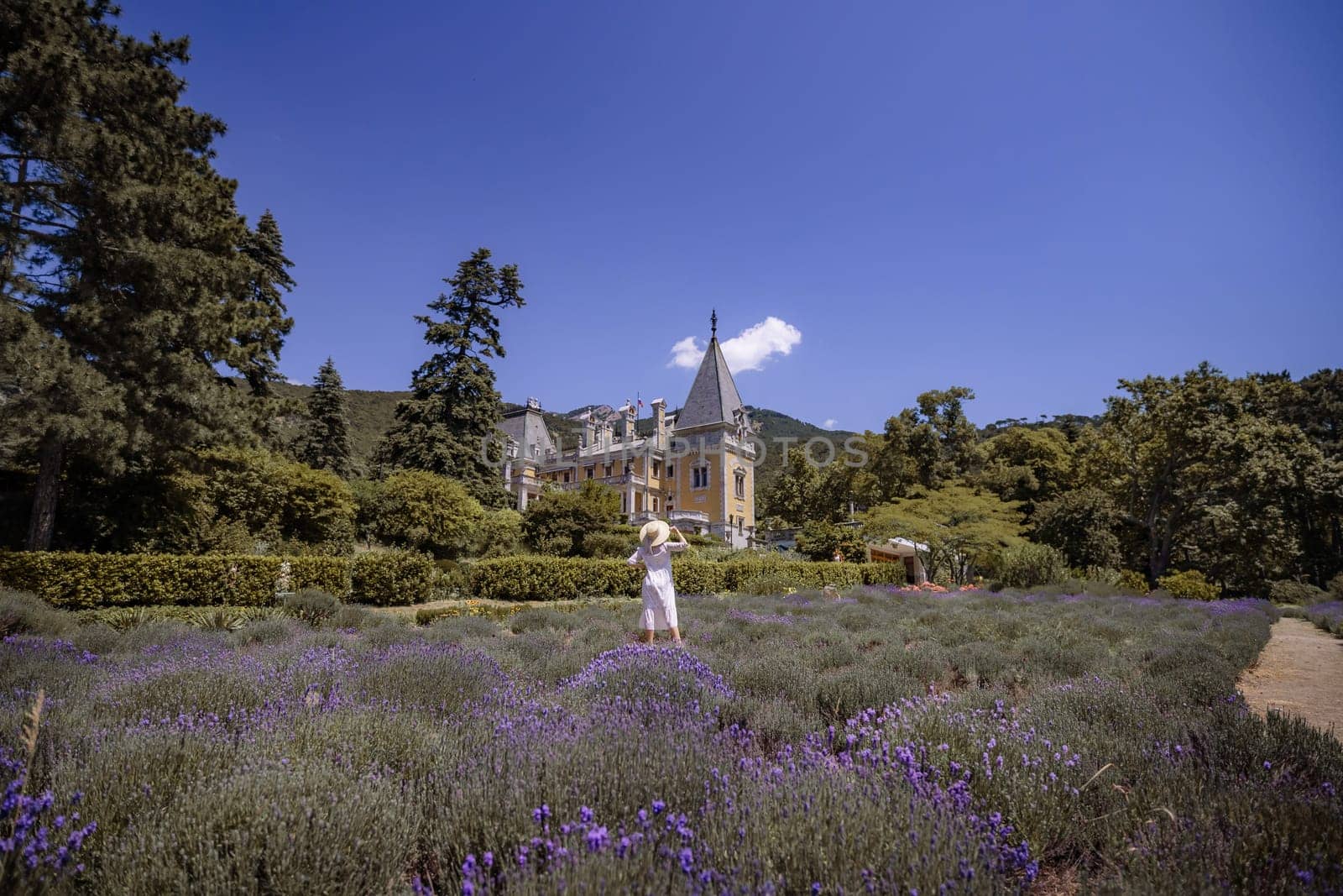 A woman is standing in a field of purple flowers. The field is surrounded by trees and a large house can be seen in the distance. The scene is peaceful and serene
