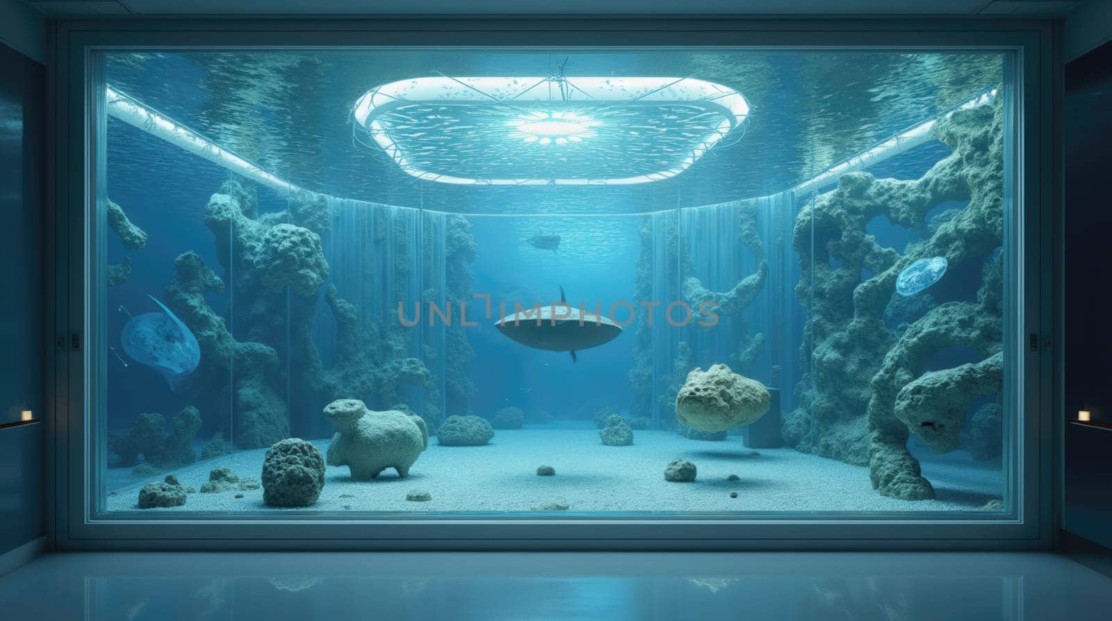 A serene underwater habitat captures various marine life in a contemporary aquarium. Coral formations and unique rock structures provide a home for diverse species swimming gracefully.