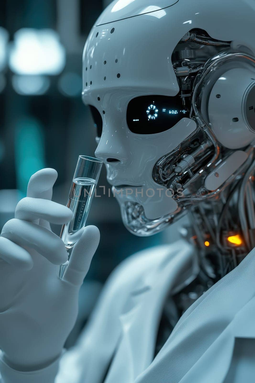 robot in a laboratory with a test tube in his hands. Selective focus. science.