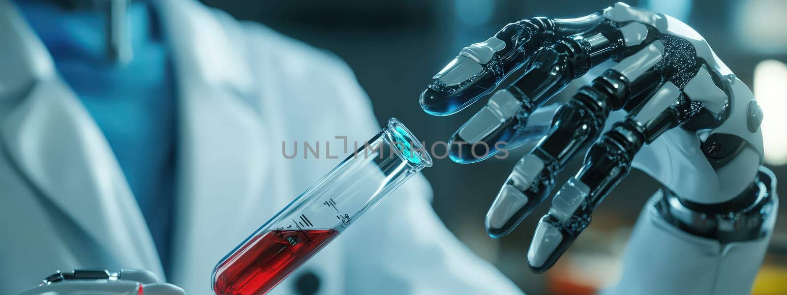 robot in a laboratory with a test tube in his hands. Selective focus. science.