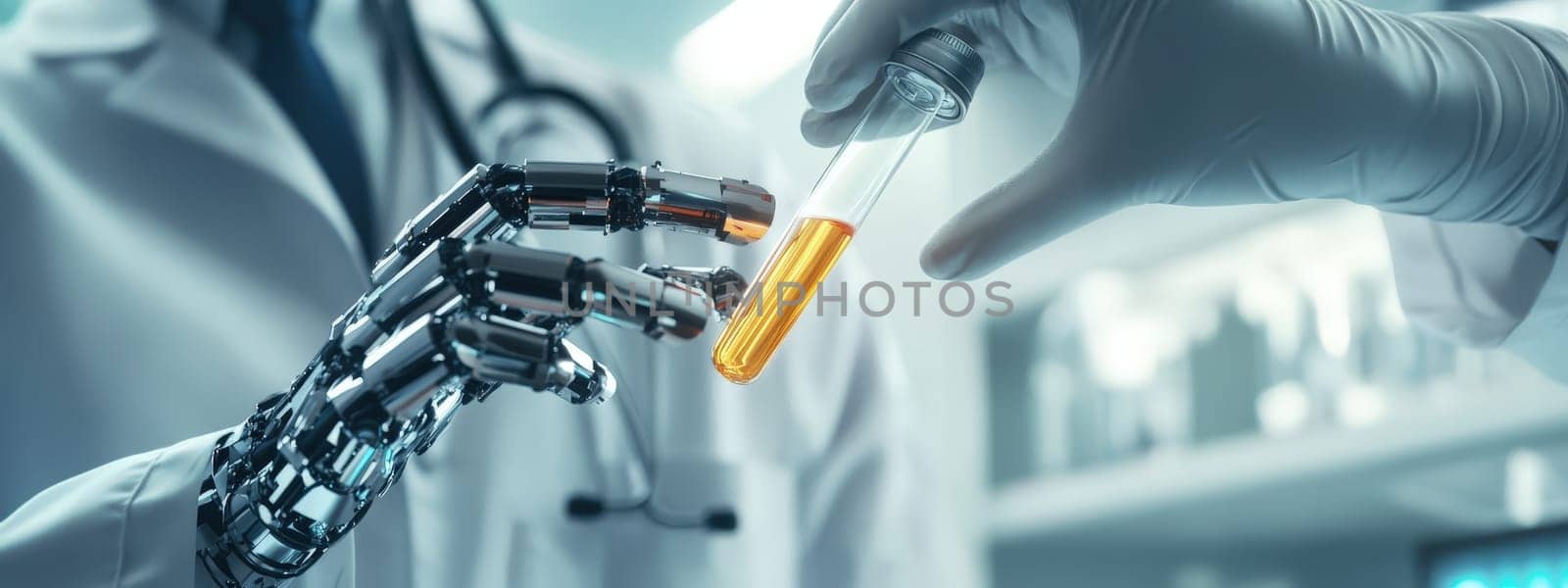 robot in a laboratory with a test tube in his hands. Selective focus. science.
