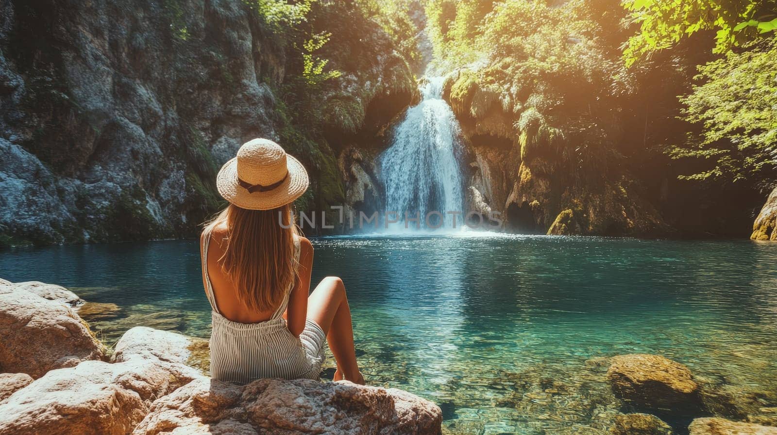 woman looking at beautiful waterfalls. Selective focus. nature.