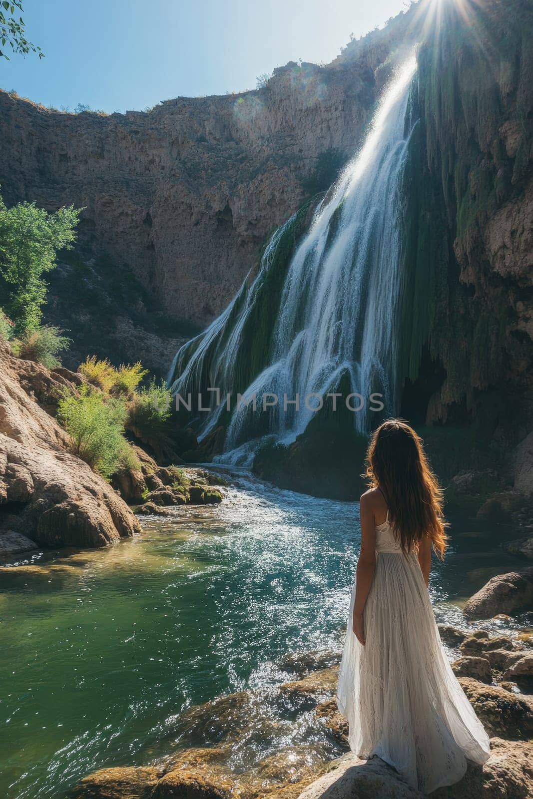 woman looking at beautiful waterfalls. Selective focus. nature.